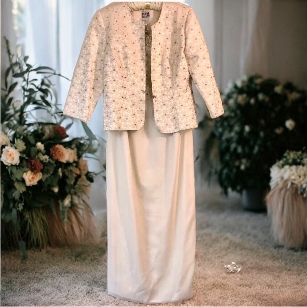 R&M Richards Mother of the Bride Dress Jacket Set Bone Sequin Beaded Gown 10 NWT